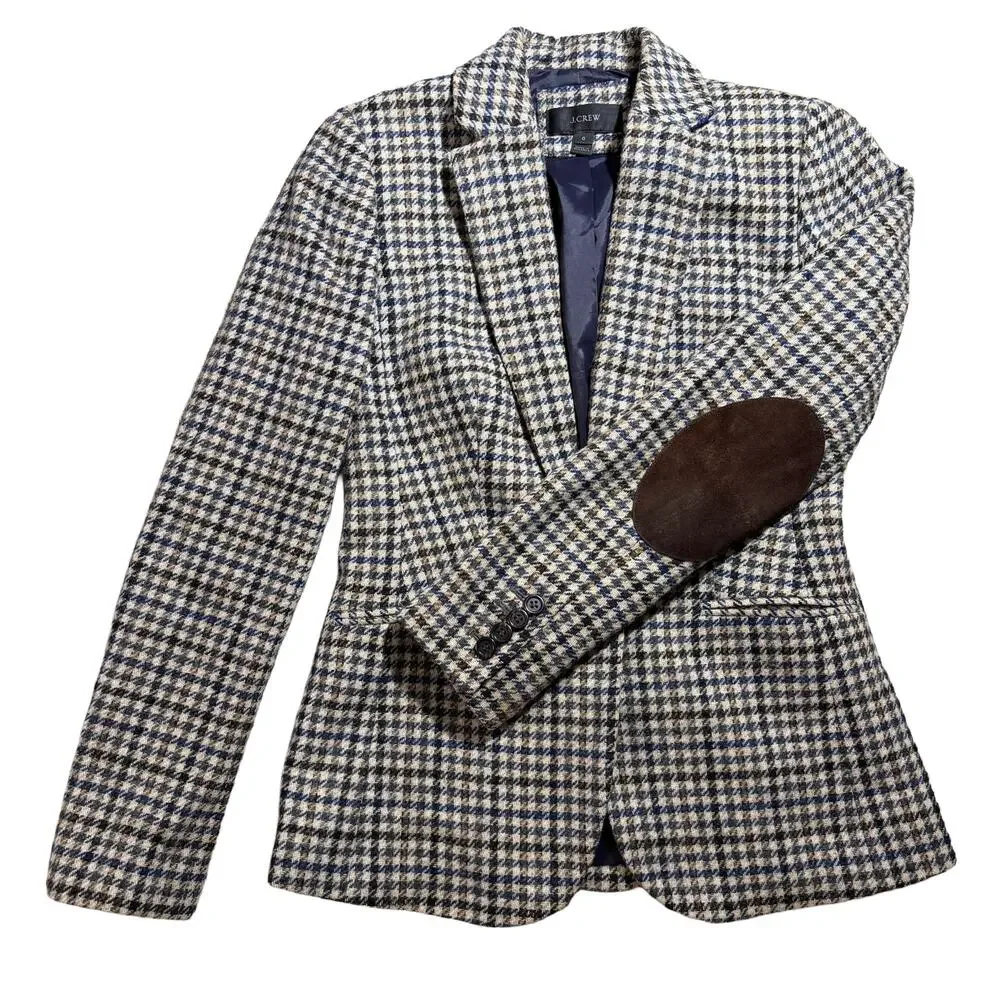 J Crew Campbell Blazer Houndstooth Moon Wool Elbow Patches Academia Equestrian